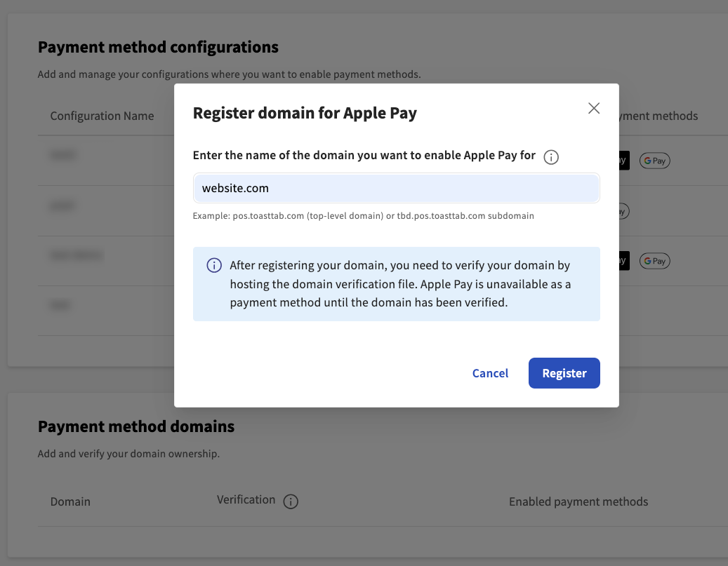 Add payment method domain dialog on the developer portal.