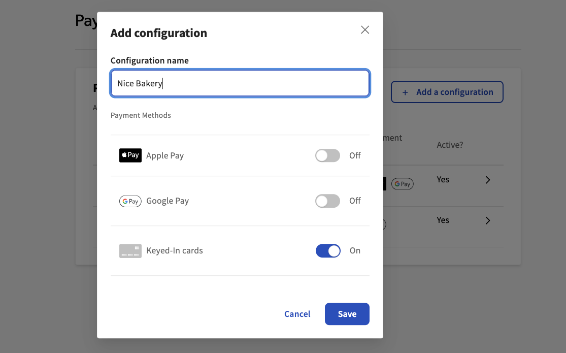 Add payment method configurations dialog on developer portal.