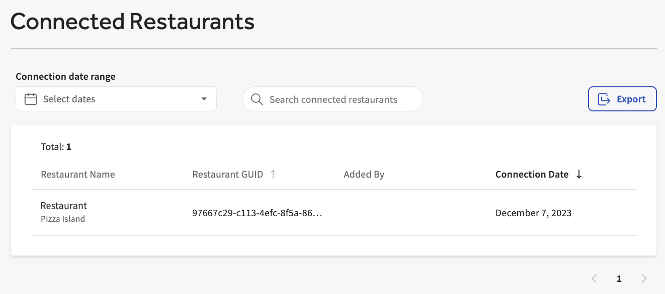 Toast developer portal connected restaurants page.