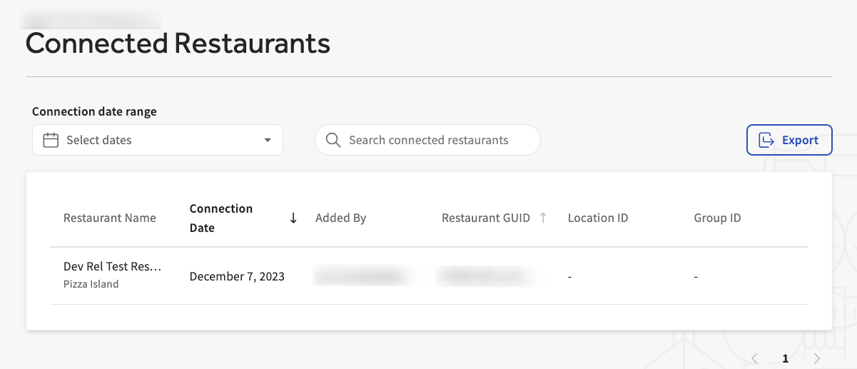 Toast developer portal connected restaurants page.