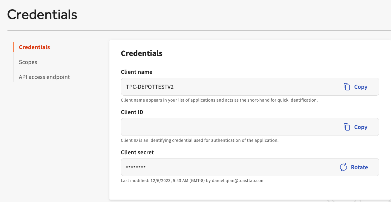 Toast developer portal credentials page.