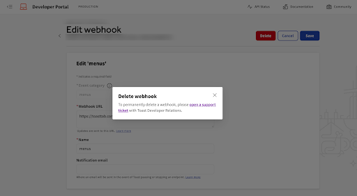 Toast developer portal delete webhook dialog box.
