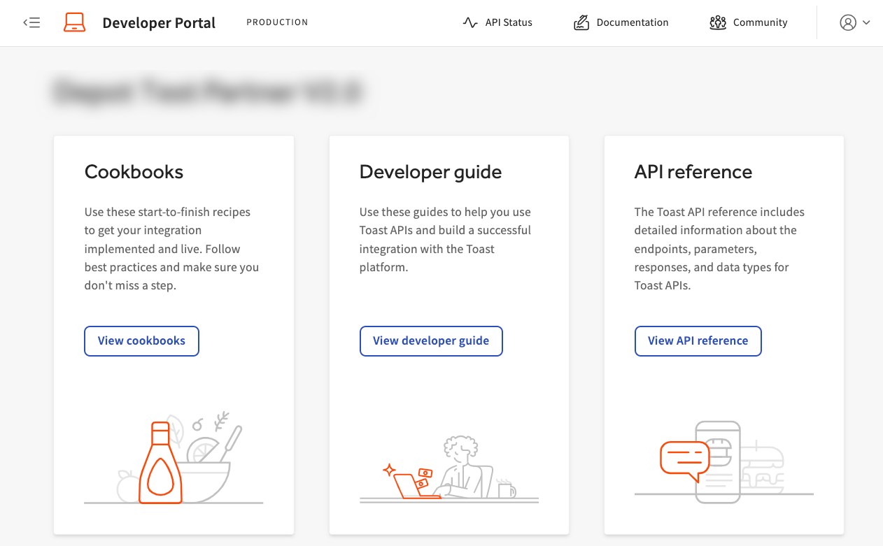 Toast developer portal home page.