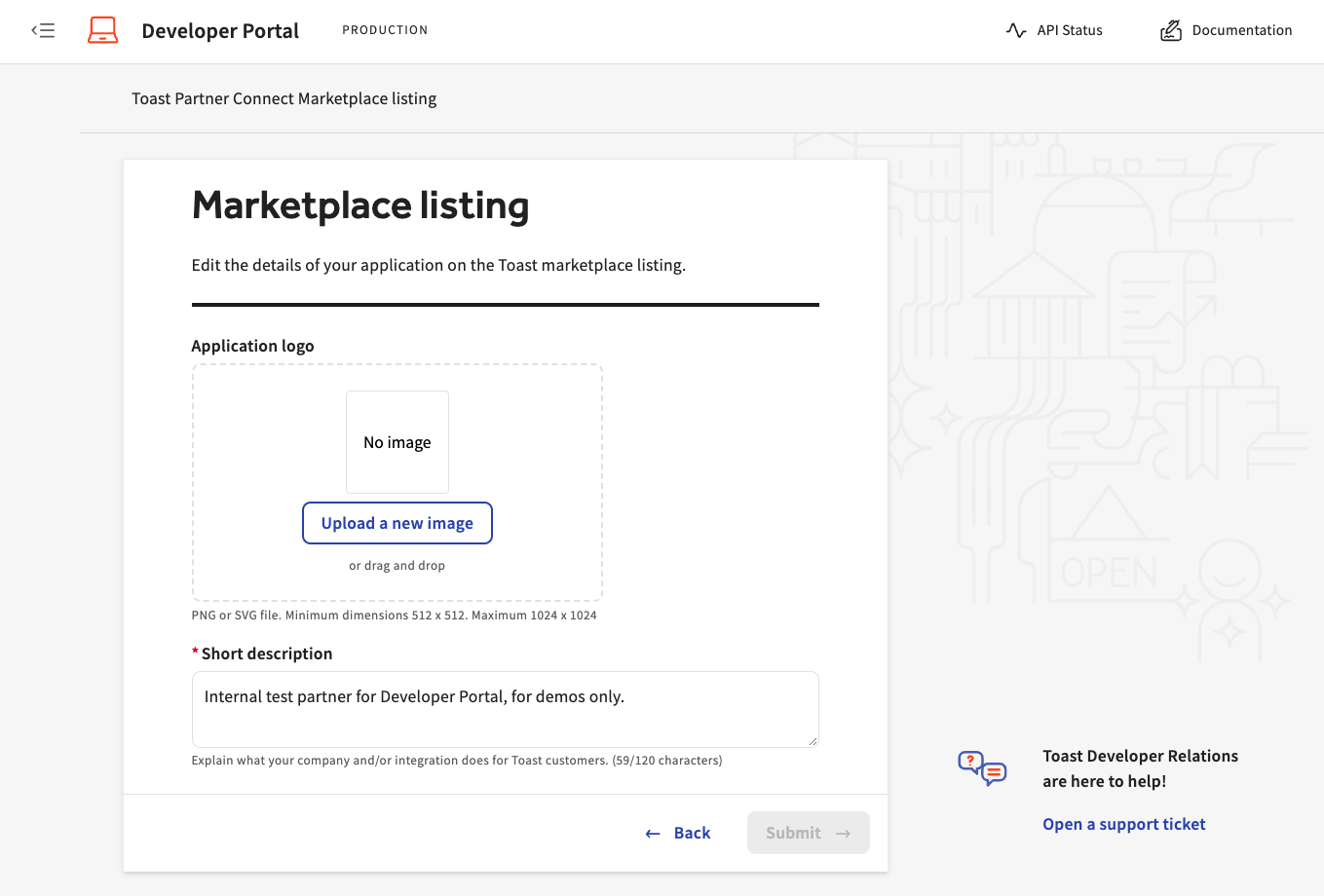 Toast developer portal marketplace listing page.
