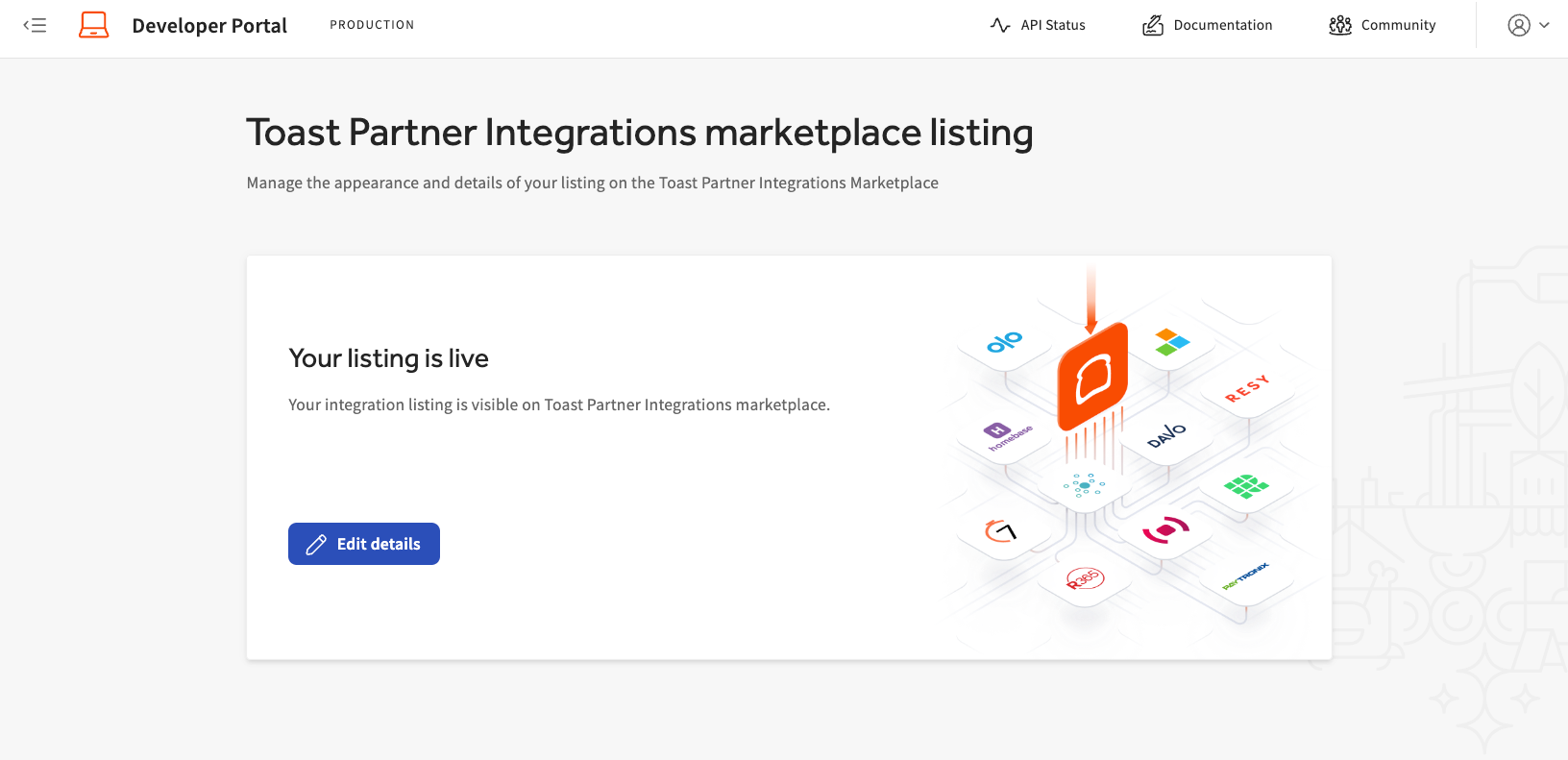 Toast developer portal Partner Integrations marketplace page.