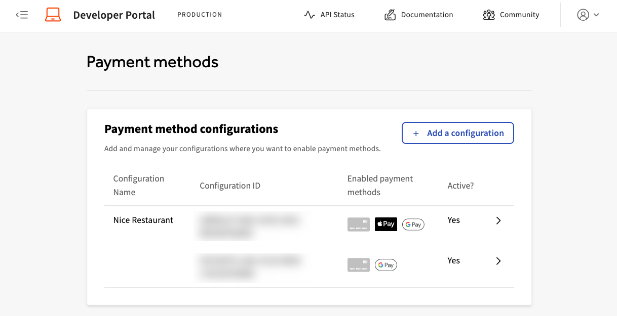 Payment method configurations page on developer portal.