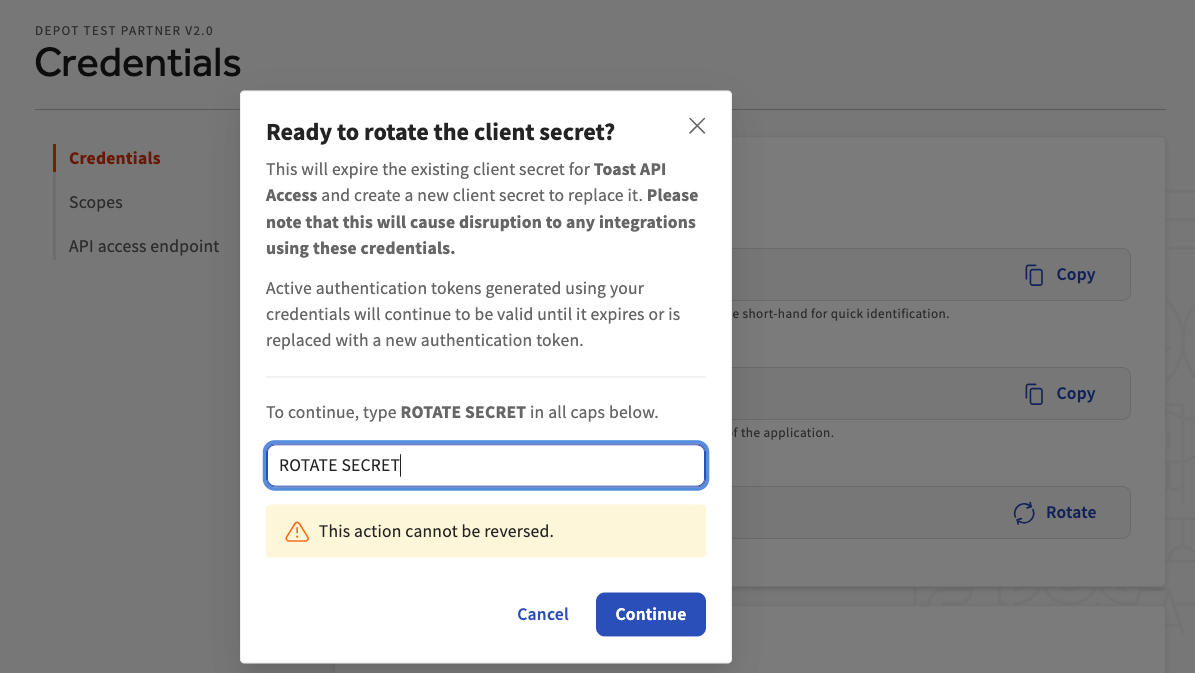 Toast developer portal Rotate secret dialog box.