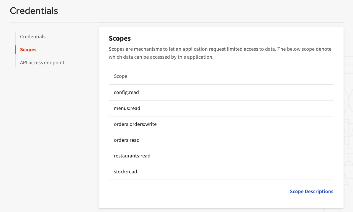 Toast developer portal scopes page.