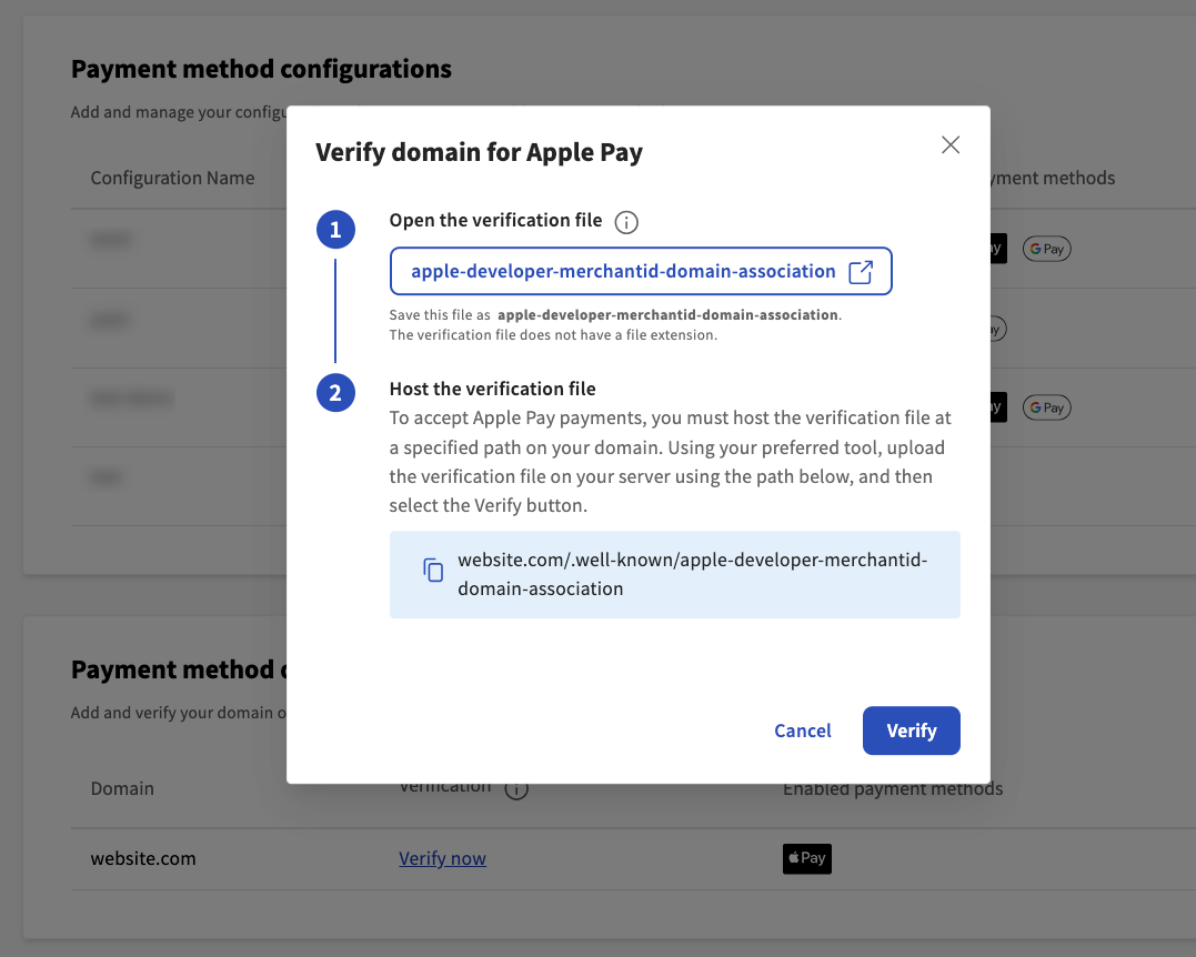 Verify domain for Apple Pay dialog on the developer portal.