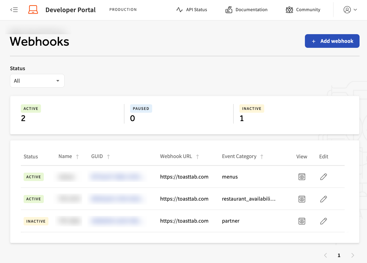 Toast developer portal webhooks page.