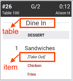 A kitchen ticket with Dine In printed in large font at the top, a course of Dessert in the center, and 1 sandwich with Take Out, in brackets and italics, underneath.
