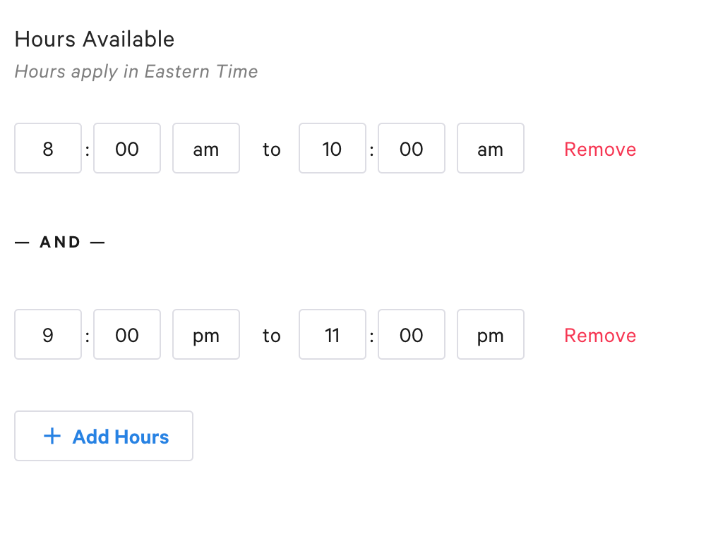 Hours of the day availability configuration for a discount