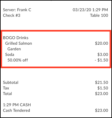 Receipt that displays information for an applied BOGO discount