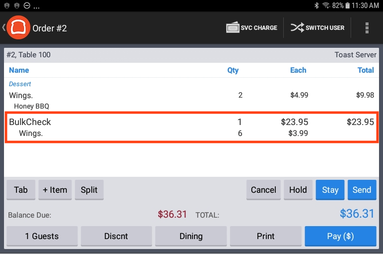 Toast POS app screen showing a bulk discount that is applied to a group of Wings items