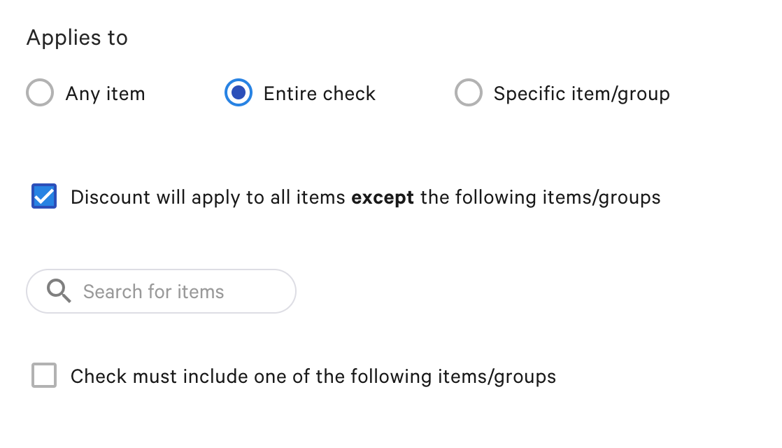 Item search box used to find items to exclude