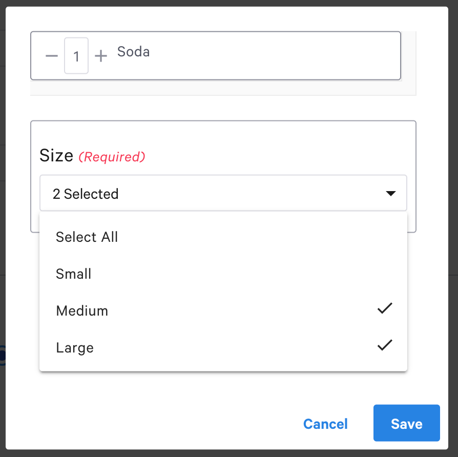 Dialog to choose the size modifiers that apply to the discount