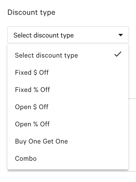 Discount type field with the drop-down list of available types