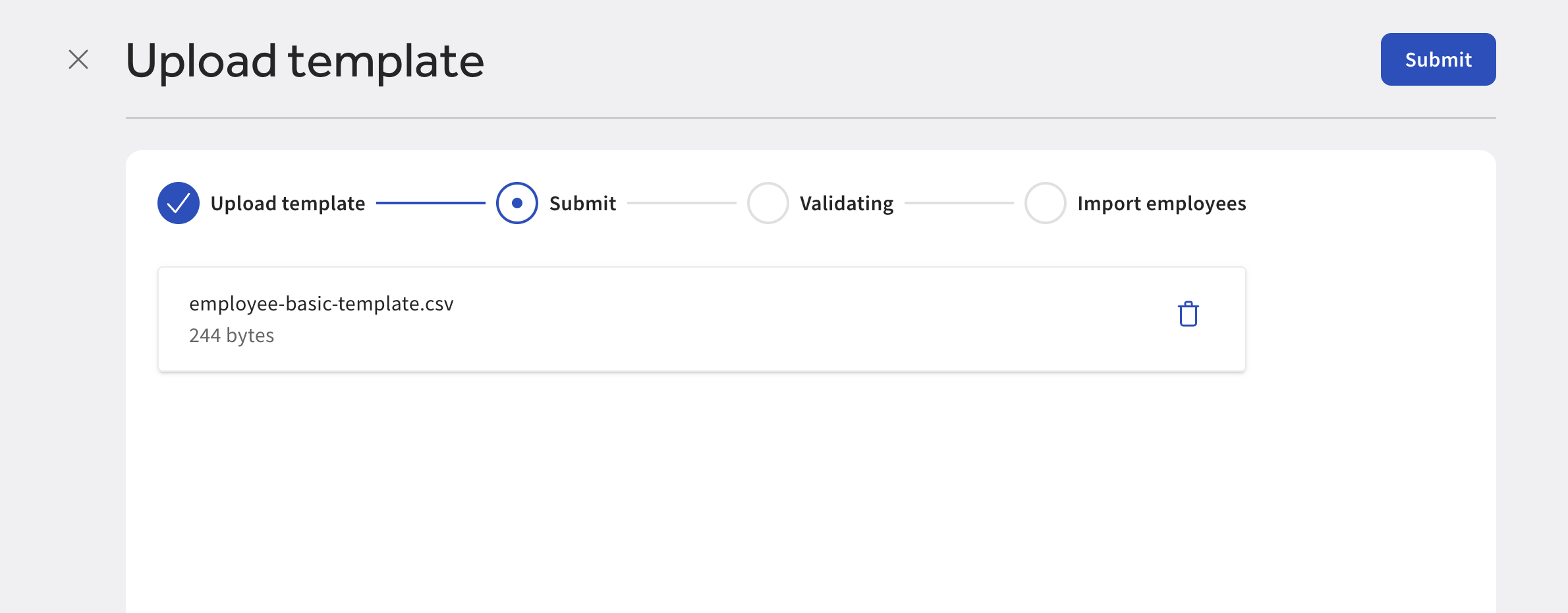 Shows the Upload template page in Toast Web.