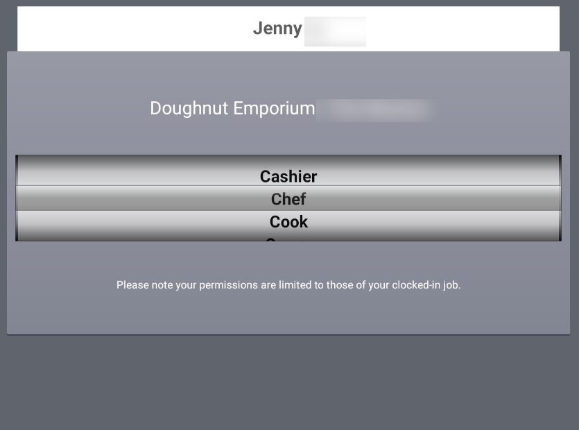 Shows the job-based access permission message on the timeclock screen on the Toast POS device.