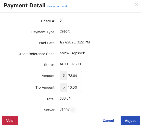 The Payment Details dialog on Toast Web.