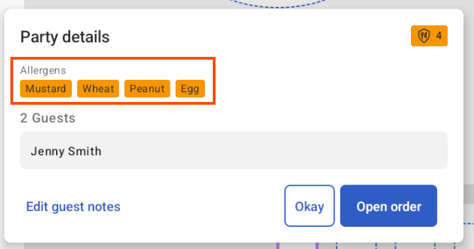 This image shows the Party details dialog on a Toast POS.