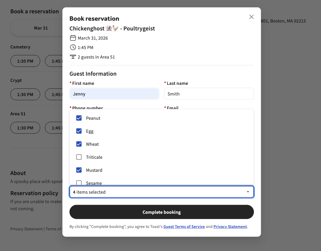 This image shows the Book reservation dialog on the Toast Tables reservation page.