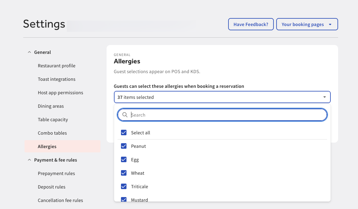 This image shows the Allergies dropdown menu on the Toast Tables page in Toast Web.