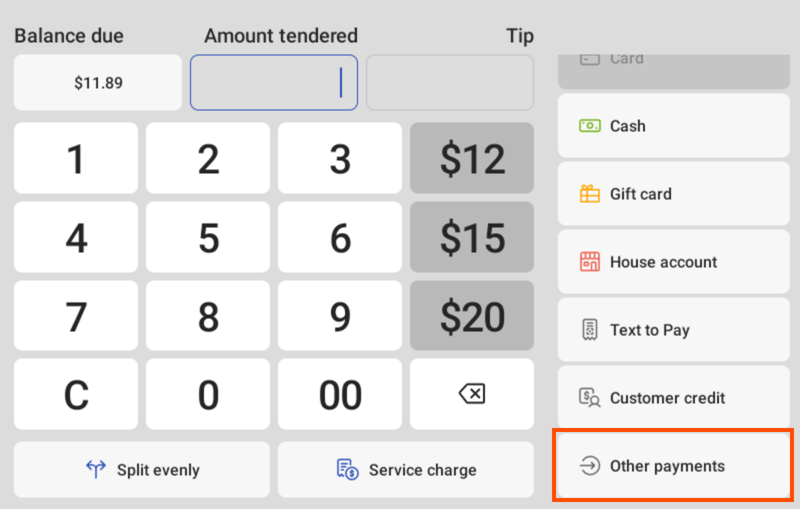 Payment terminal screen with "Other payments" emphasized.