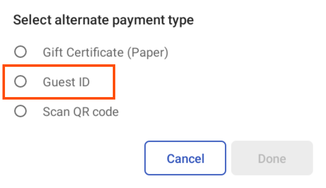 Alternate payment type screen with "Guest ID" emphasized.