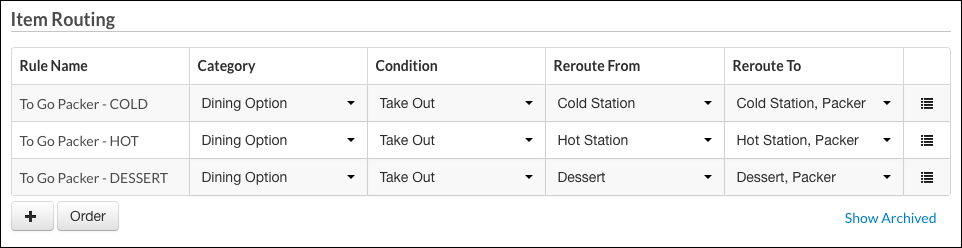 A screenshot of three item routing rules to send takeout items for the Cold, Hot, and Dessert prep stations to the packer station as well.