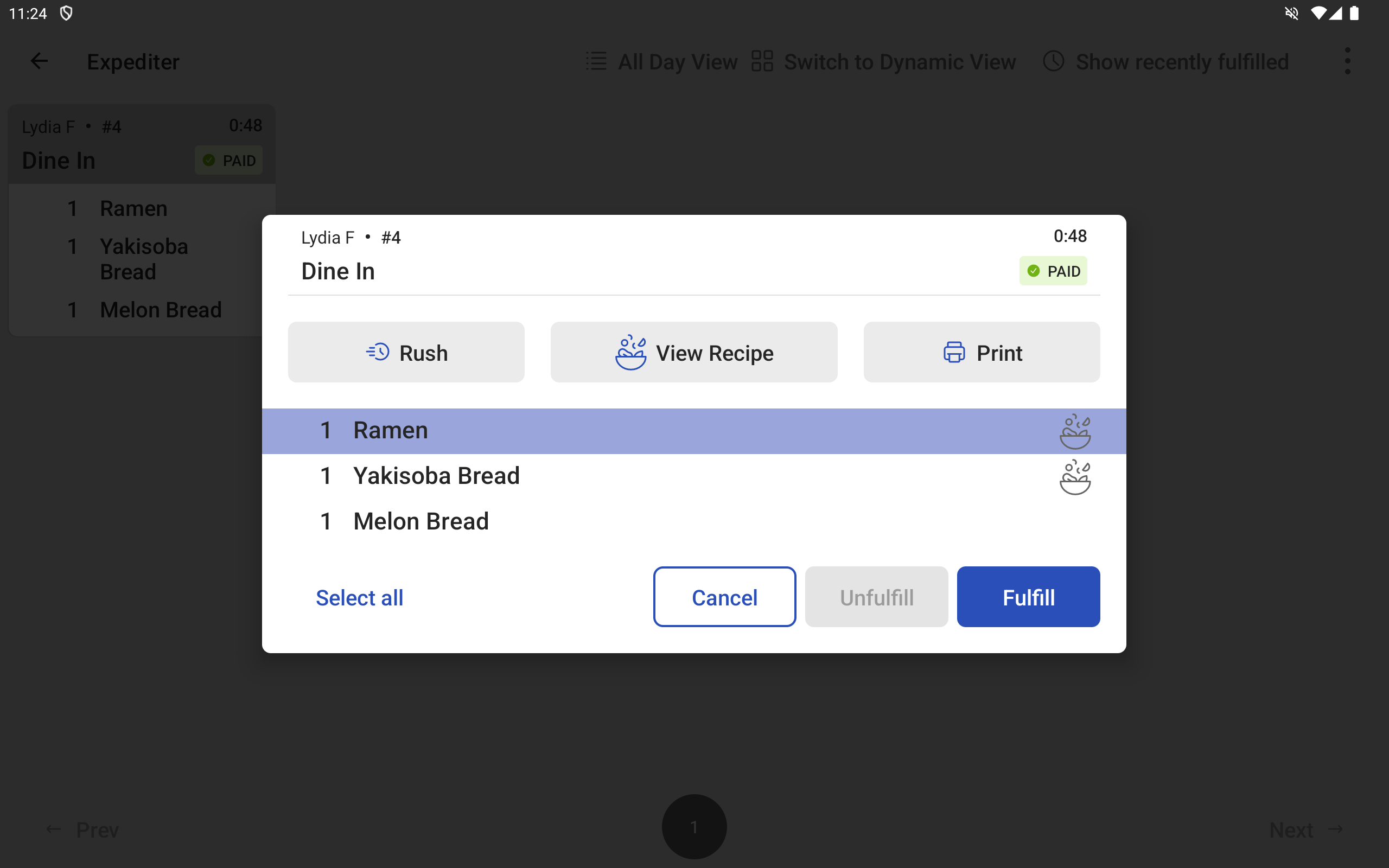 An example of a single menu item selected in the ticket dialog on a KDS device, with the View Recipe button visible.