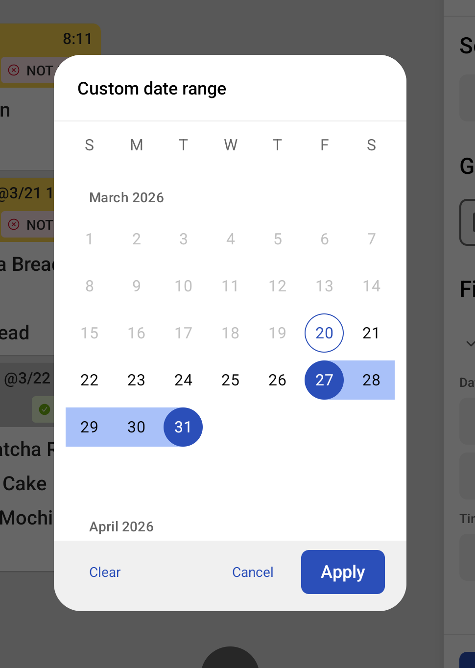 The KDS device with the dialog for choosing a custom date range to filter by.