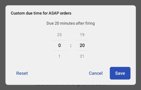 The KDS device with the dialog for choosing a custom due time for ASAP orders.