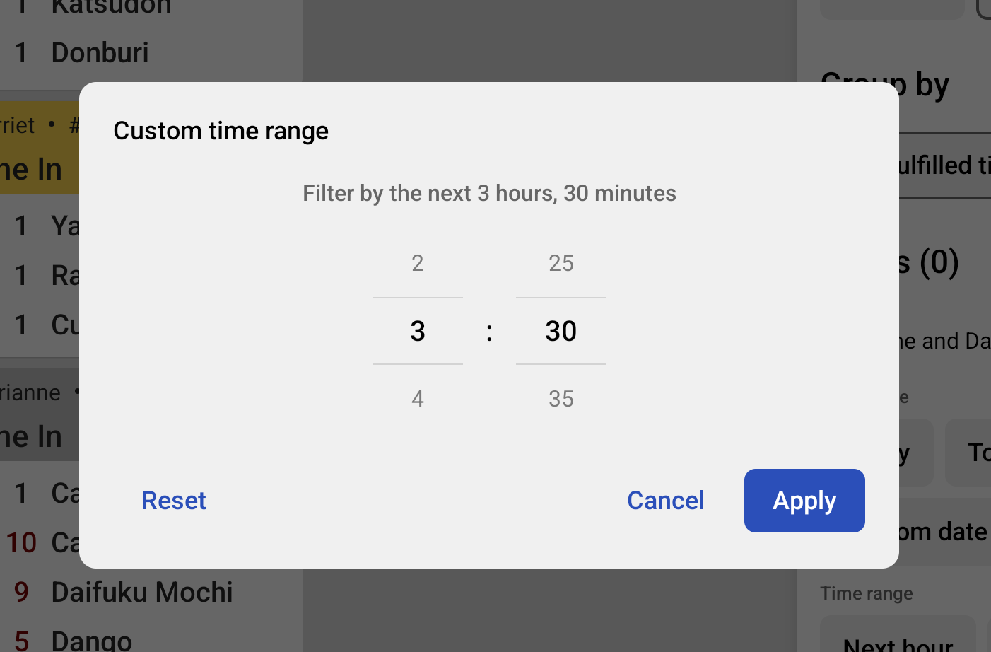 The KDS device with the dialog for choosing a custom time range to filter by.