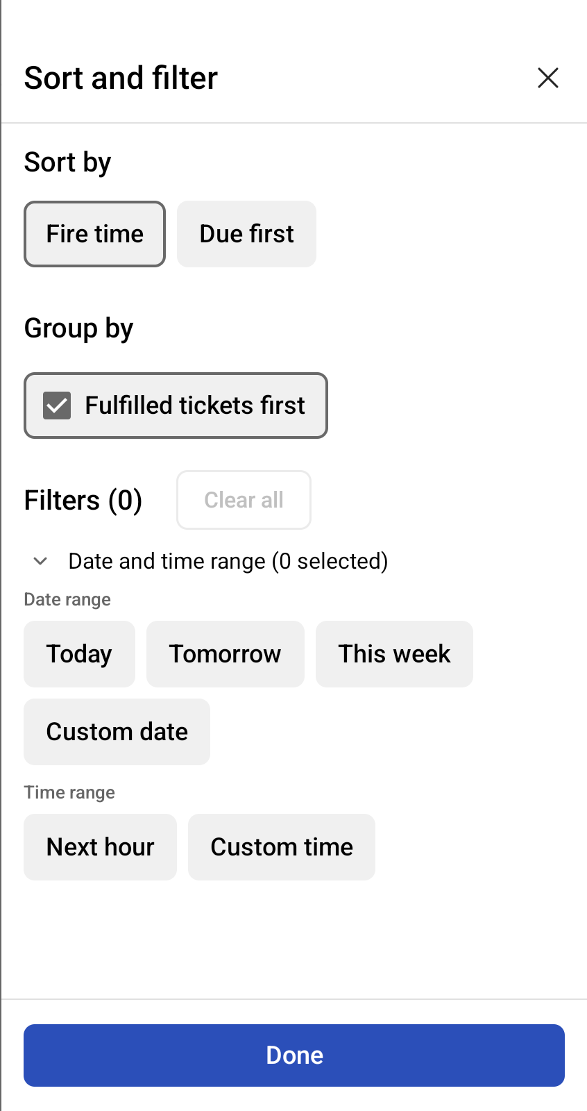 The Sort and filter pane on a KDS device.