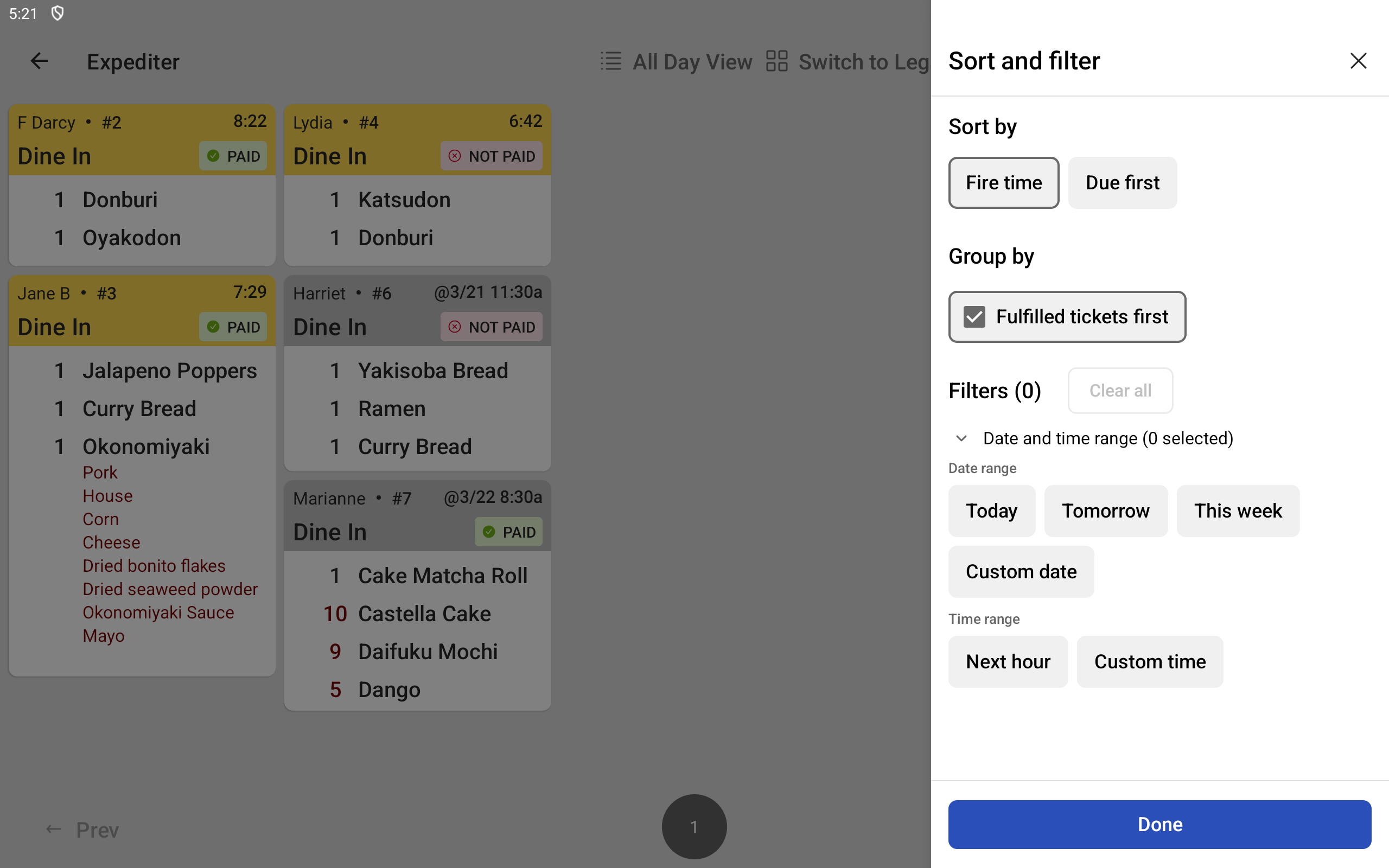 The KDS device with the Sort and filter pane open.