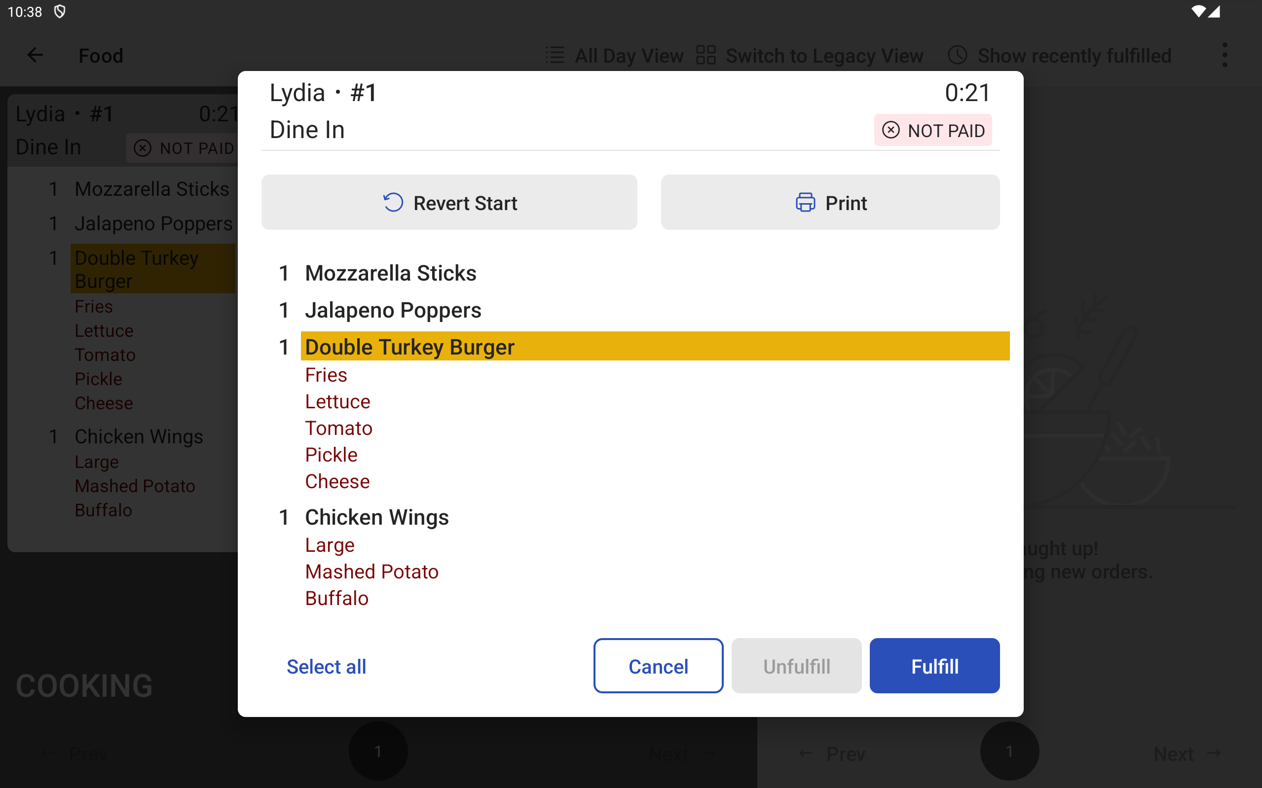 Example of prep station KDS device, showing the Revert Start option in the ticket dialog.