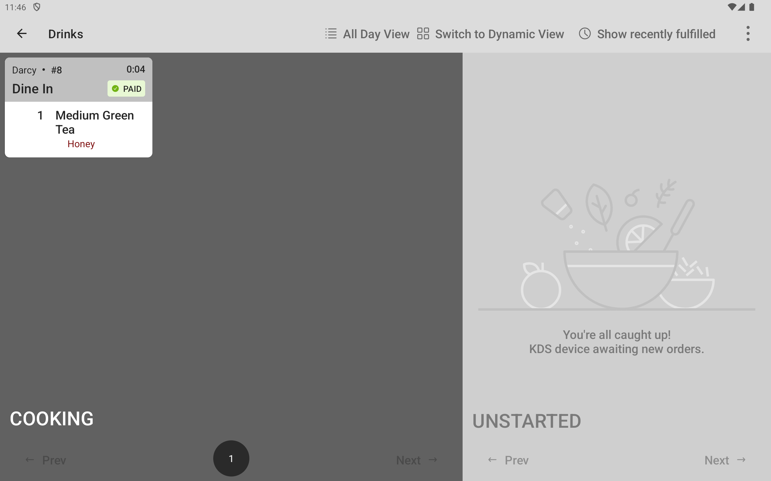 The Drinks prep station KDS device showing a started ticket on the COOKING side of the screen.