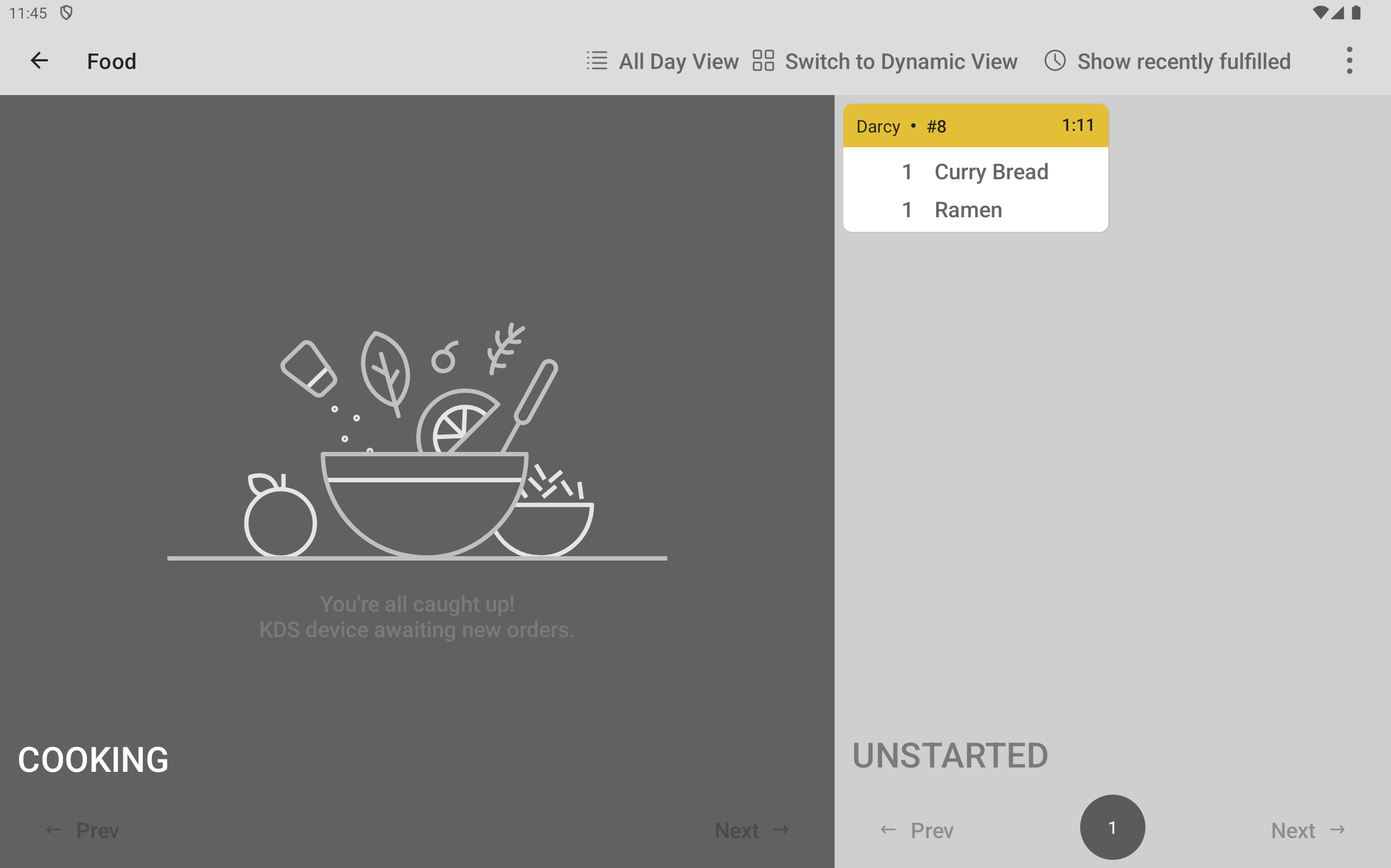 The Food prep station KDS device showing an unstarted ticket on the UNSTARTED side of the screen.