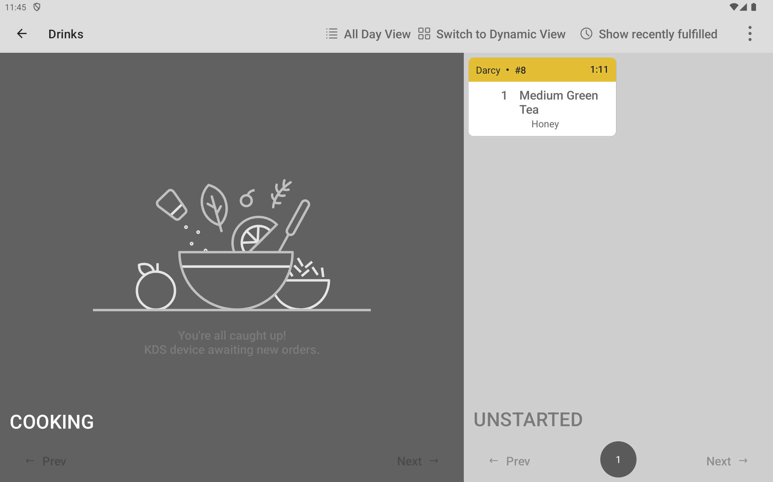 The Drinks prep station KDS device showing an unstarted ticket on the UNSTARTED side of the screen.