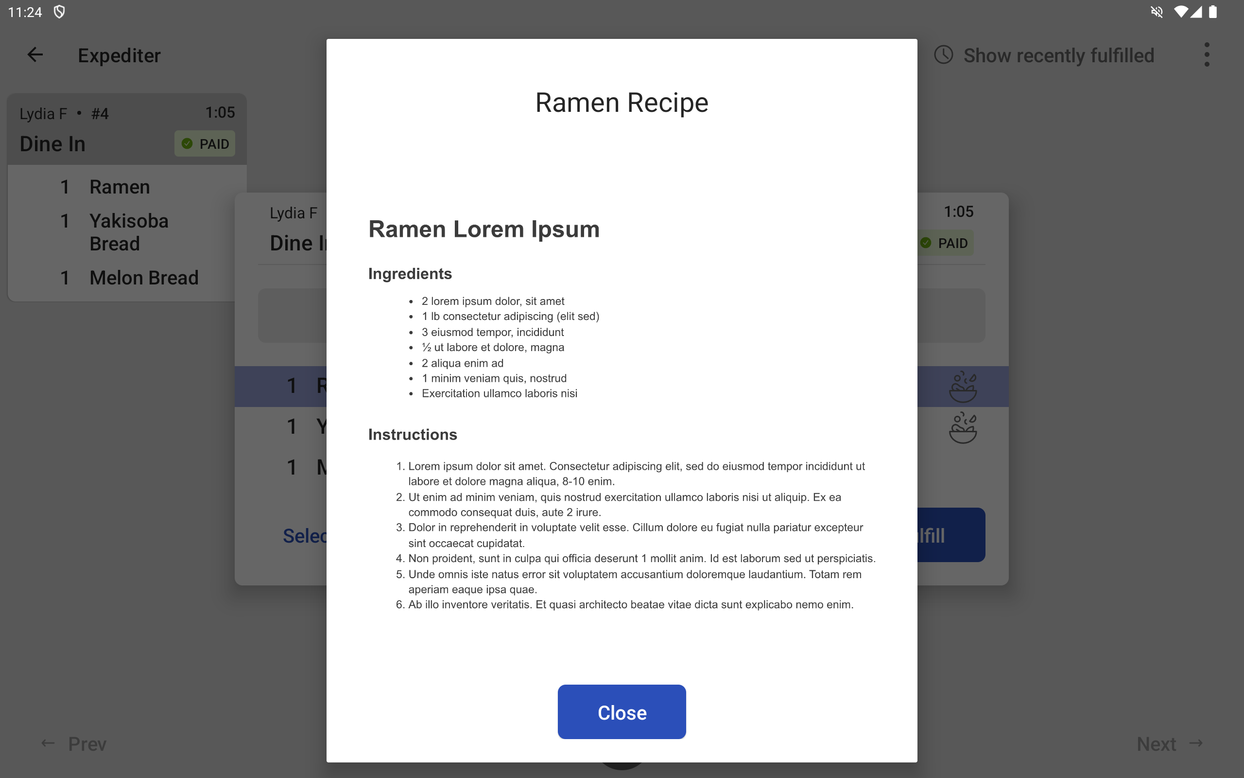An example of a recipe file viewed on a KDS device.