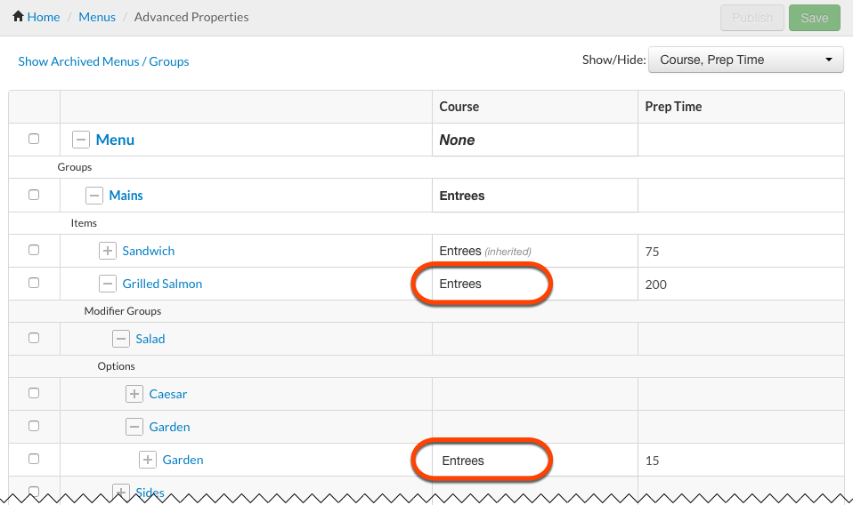 A menu item and a modifier option that are set to different courses on the Advanced Properties page.