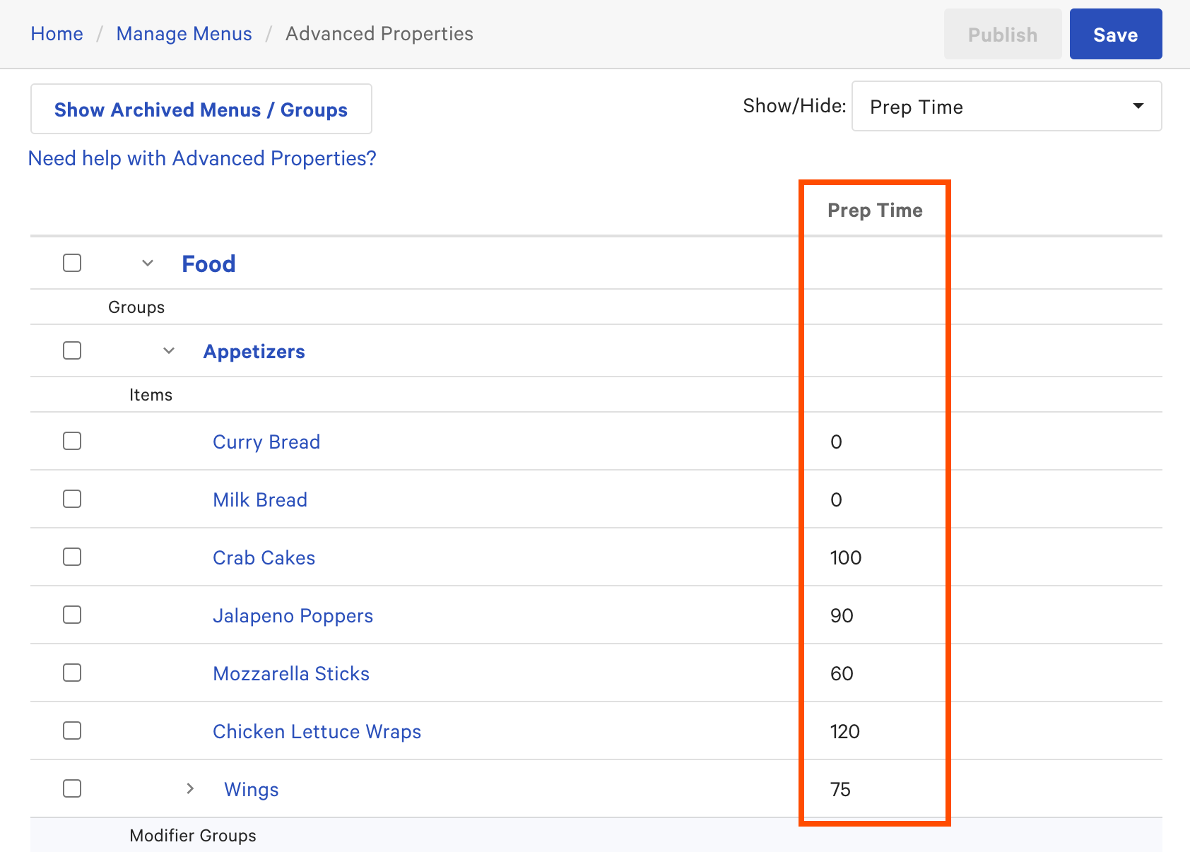 The Advanced Properties page showing items in the appetizers group with prep times in seconds entered in the cells of the prep time column.