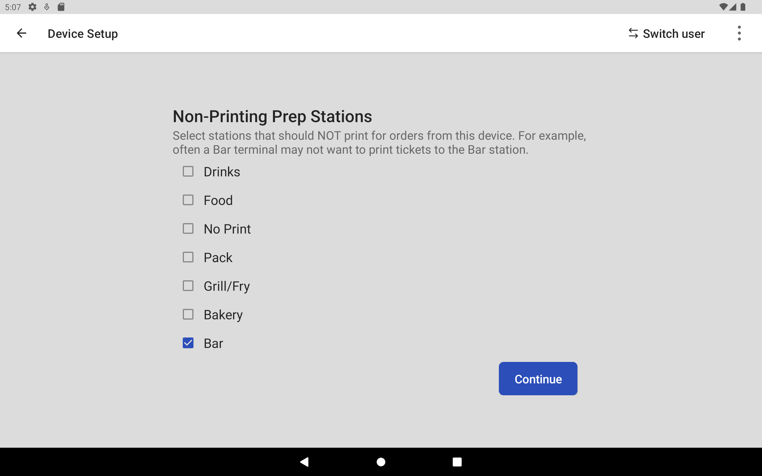 The Device Setup page showing the Bar prep station selected as a non-printing prep station.