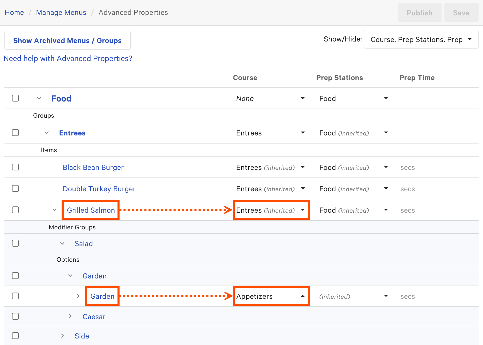 A menu item and a modifier that are set to different courses on the Advanced Properties page.