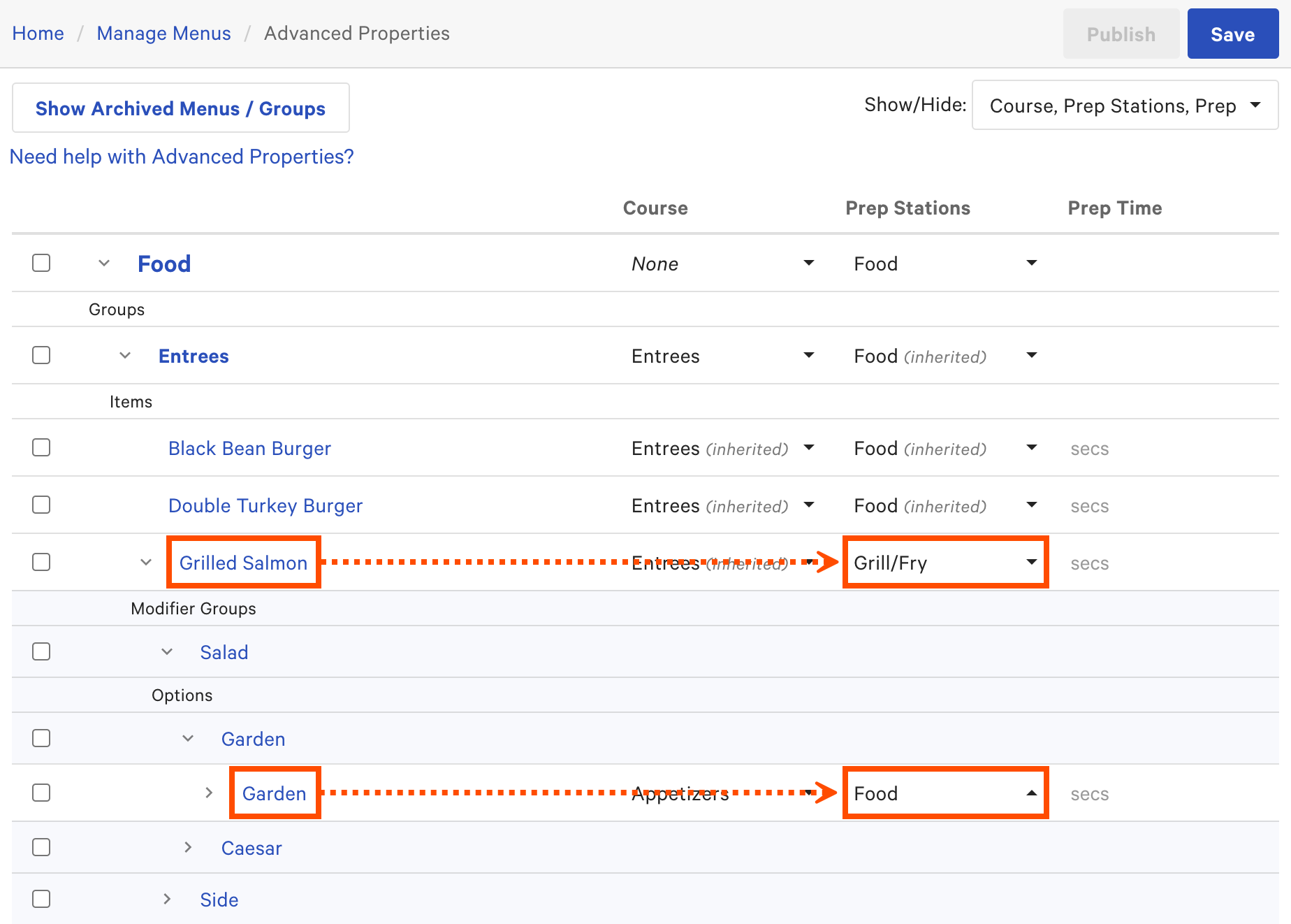 A menu item and a modifier that are set to different prep stations on the Advanced Properties page.