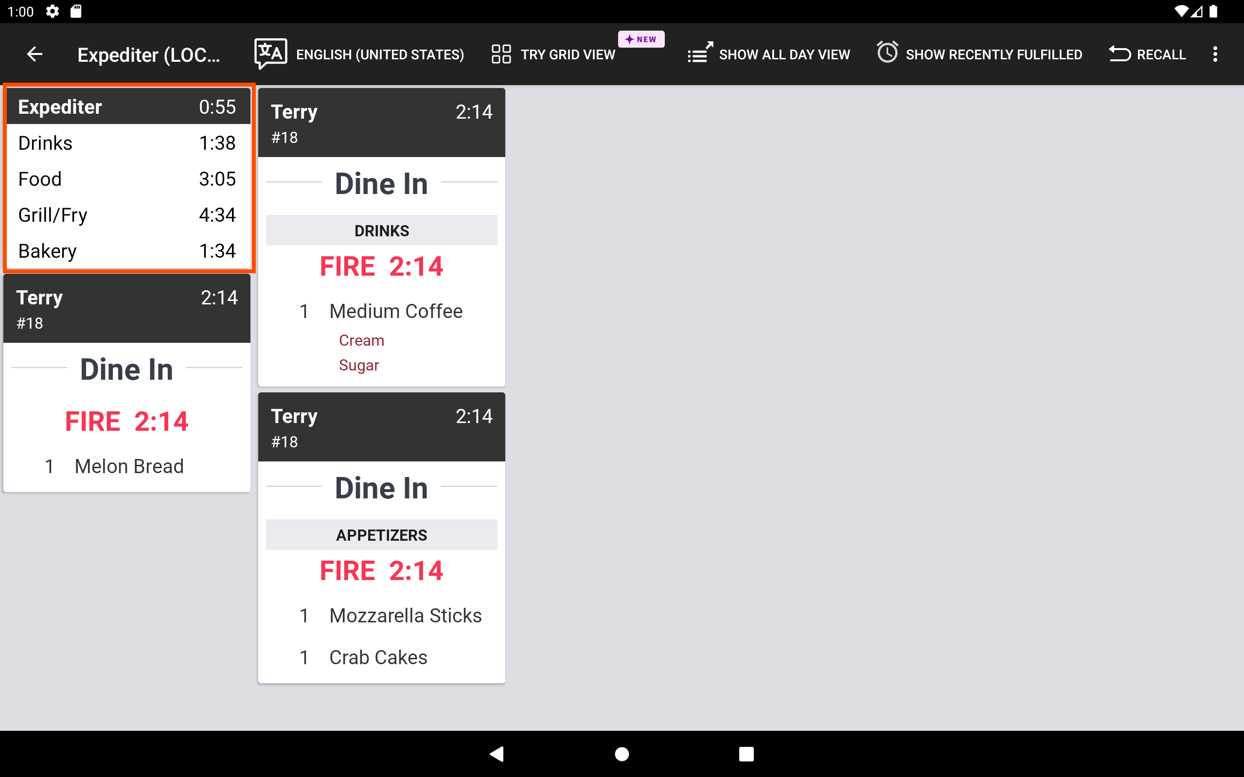 An example of the average fulfillment timer on the top left of an expediter KDS device using dynamic view.