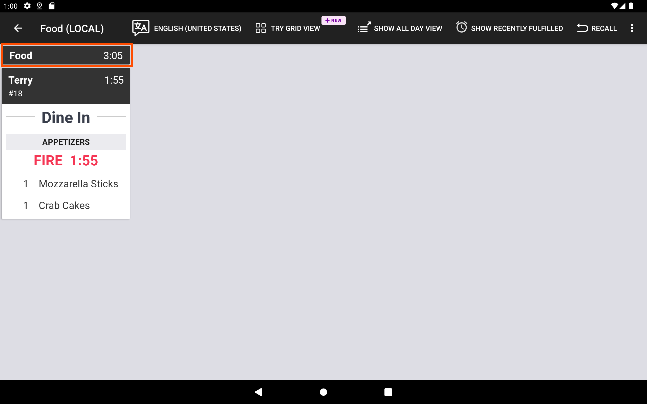 An example of the average fulfillment timer on the top left of a prep station KDS device using dynamic view.