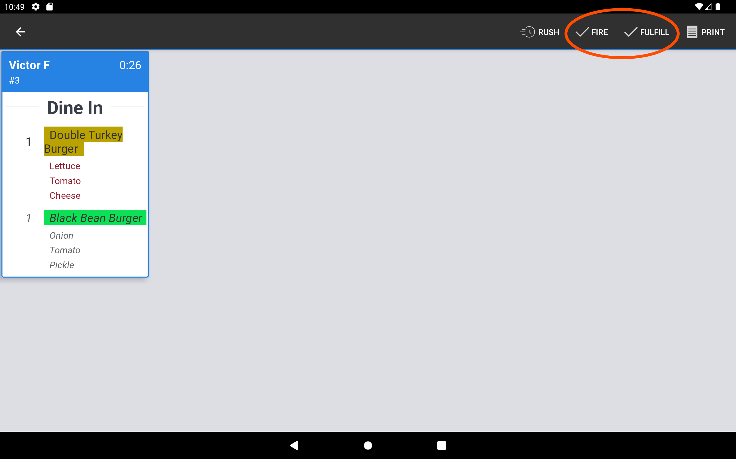 A KDS device ticket for dynamic view, with fired and unfired items, with the title bar showing ticket options.