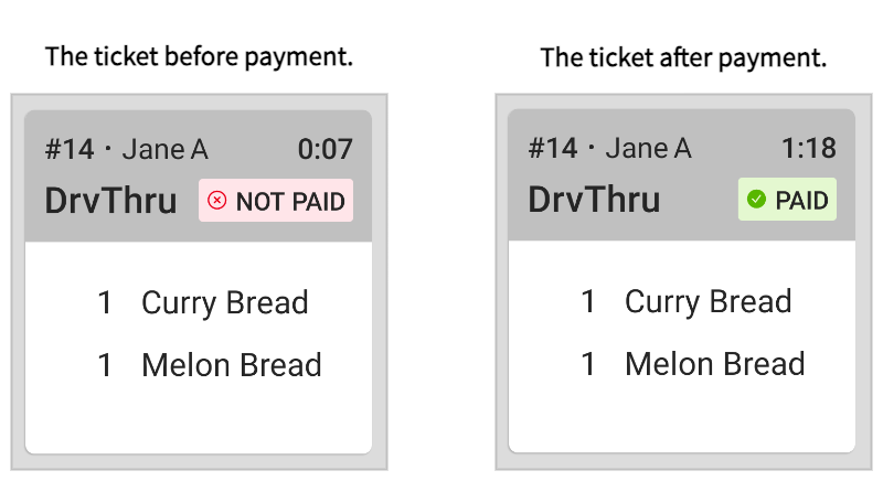 An example of a grid view ticket before and after the order is paid. The ticket displays NOT PAID before the payment, on the left, and PAID after the payment, on the right.